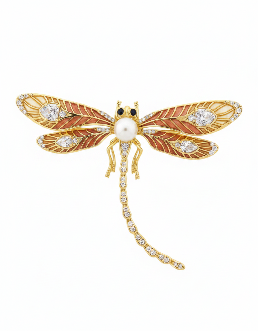 Gold Dragonfly Pearl Brooch