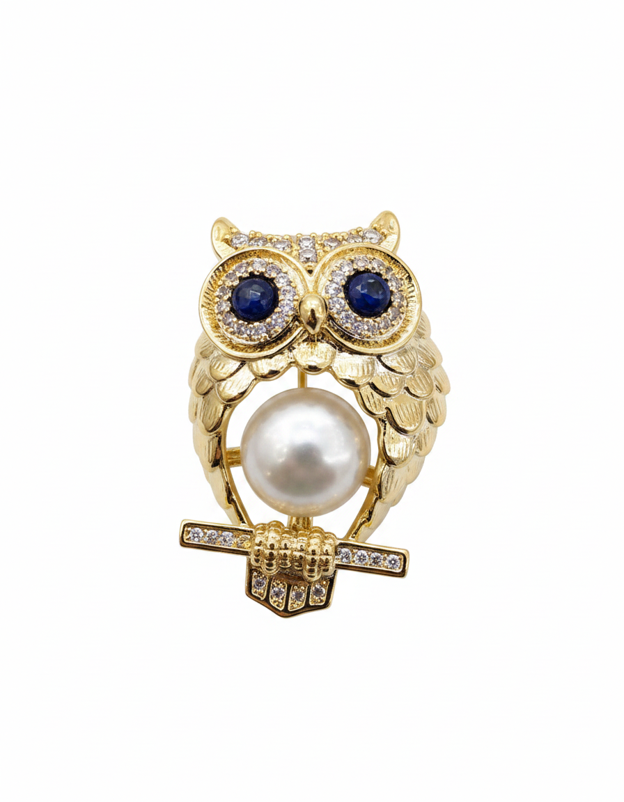 Gold Owl Pearl Brooch