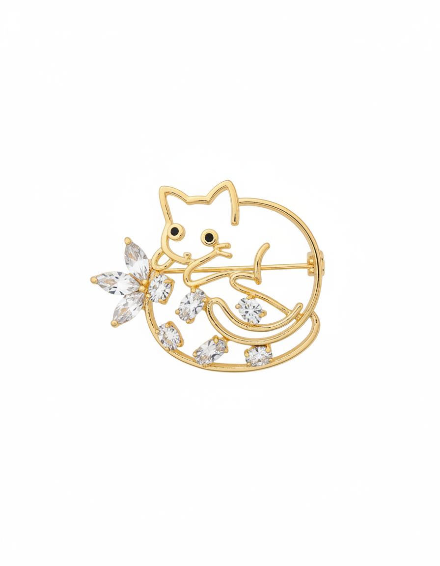 Floral Cat Crystal Brooch