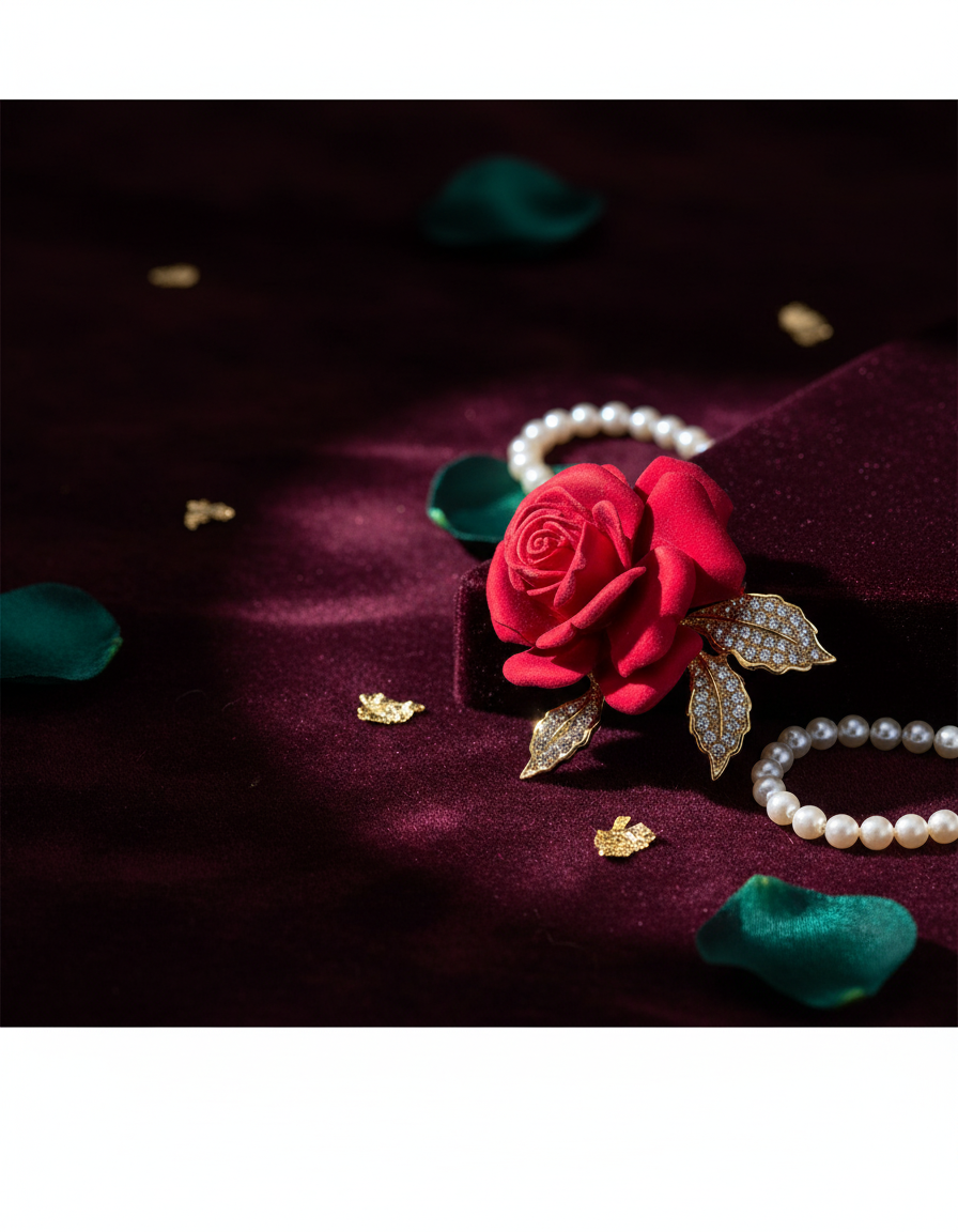 Red Rose Crystal Leaf Brooch