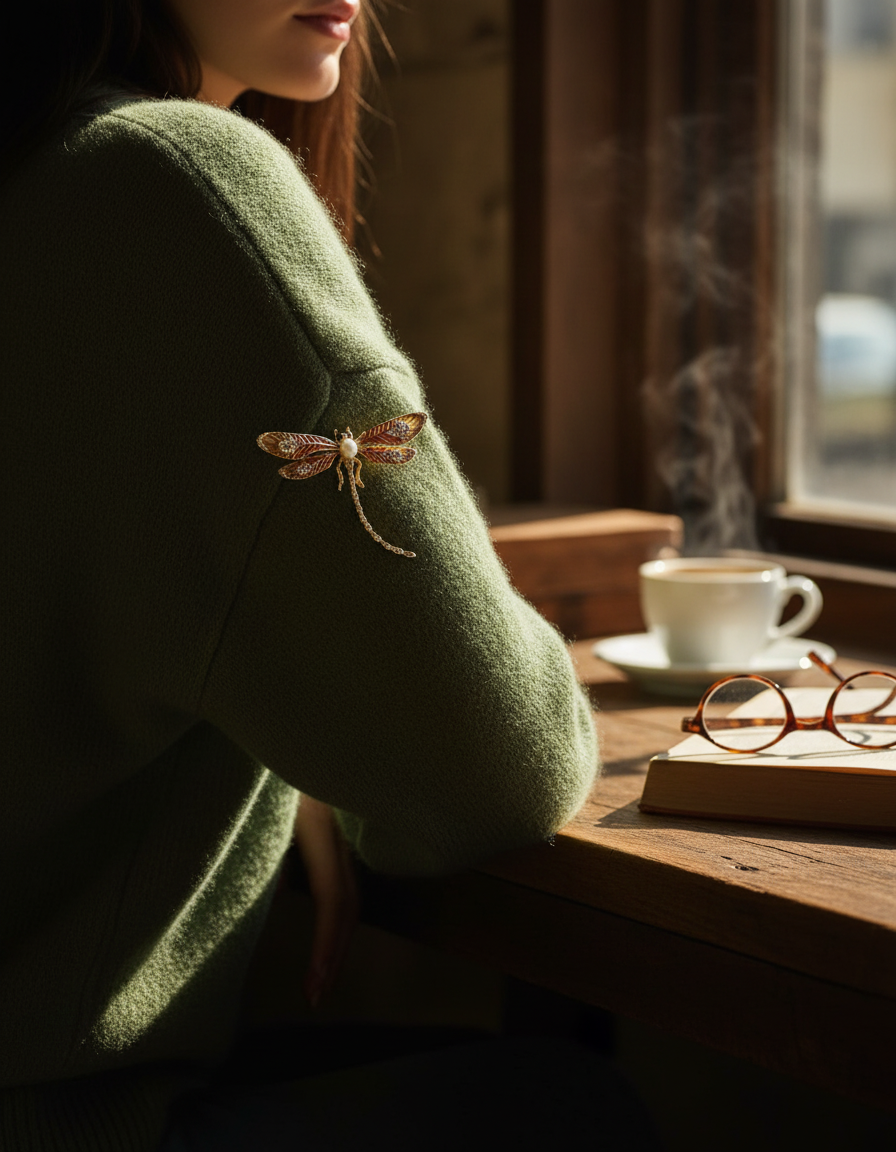 Gold Dragonfly Pearl Brooch