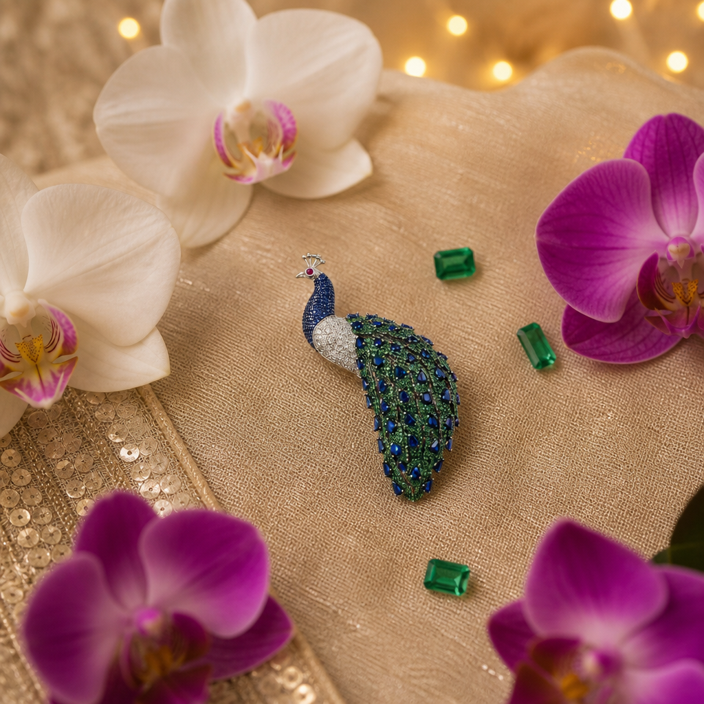 Evergreen Mist Peacock Brooch