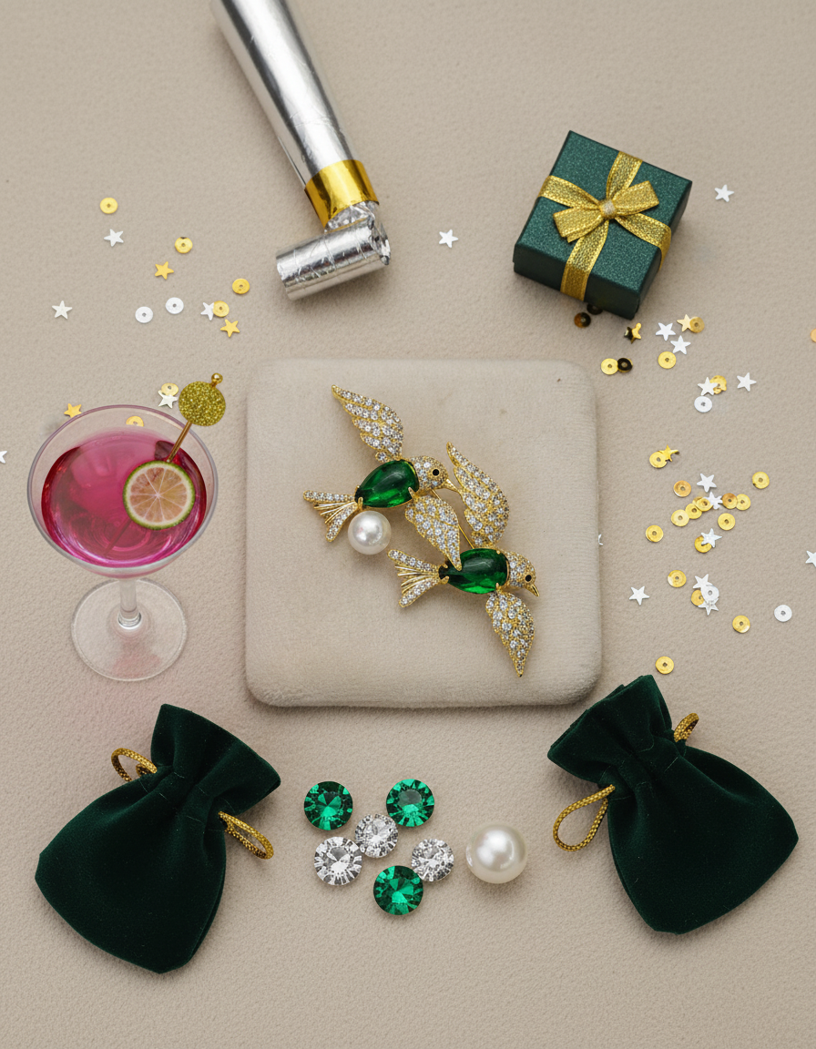 Gold Green Twin Bird Brooch
