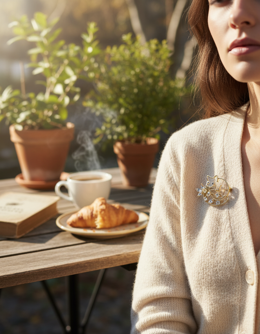Floral Cat Crystal Brooch