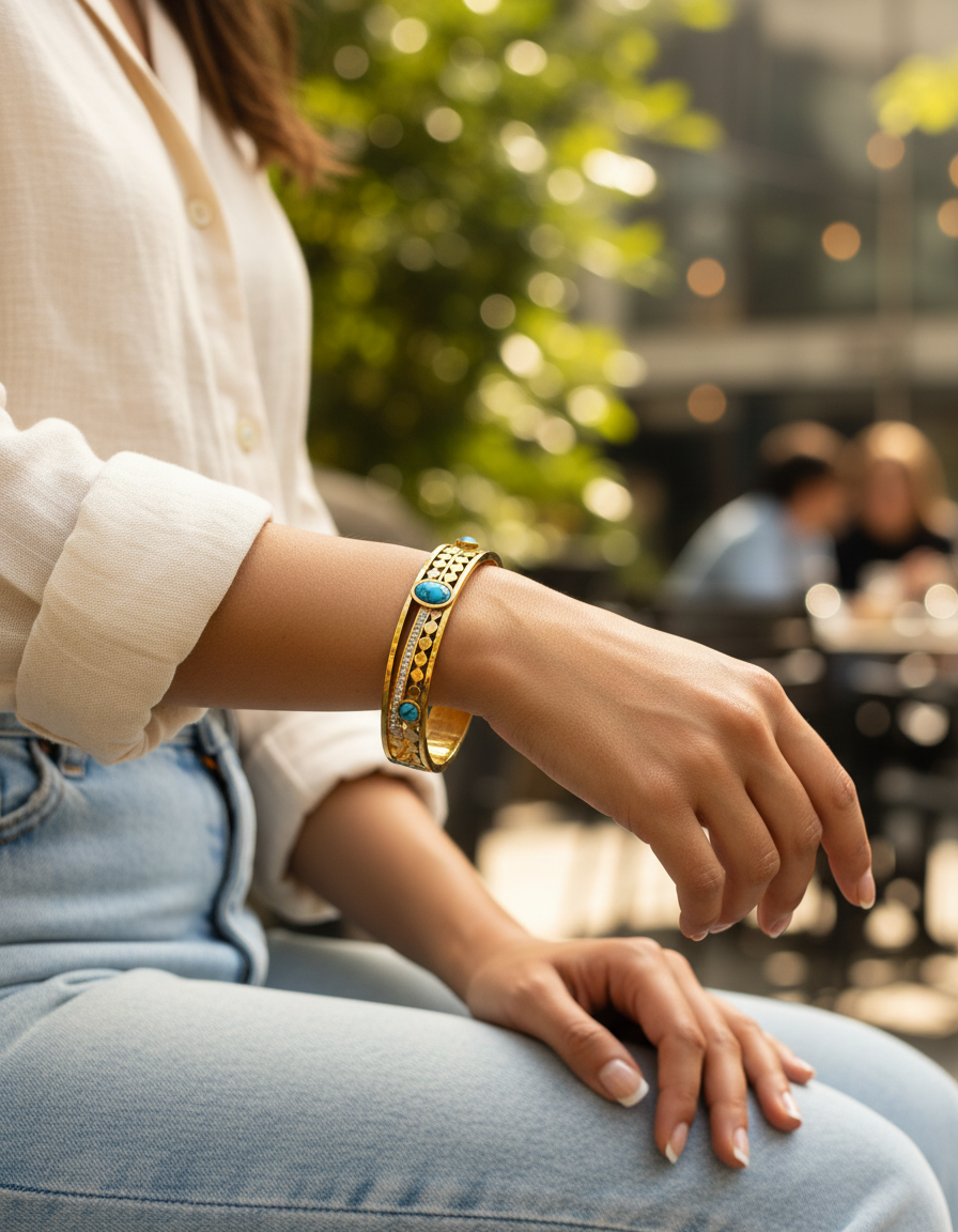 Turquoise Accent Gold Kada Bracelet