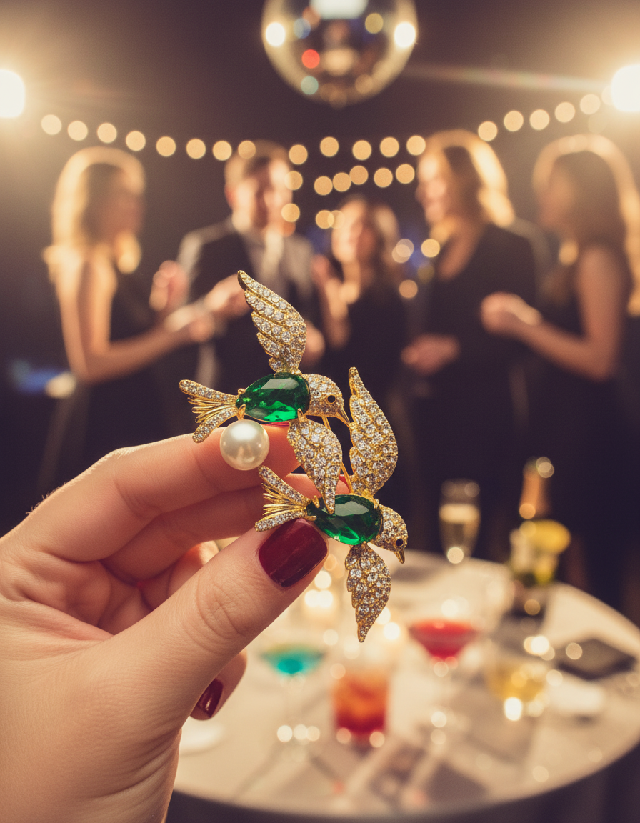Gold Green Twin Bird Brooch