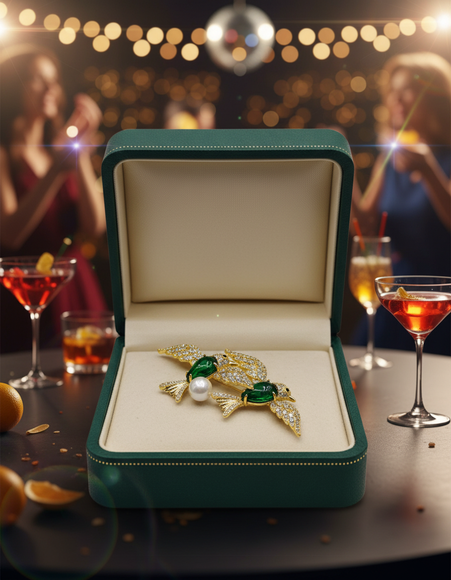 Gold Green Twin Bird Brooch