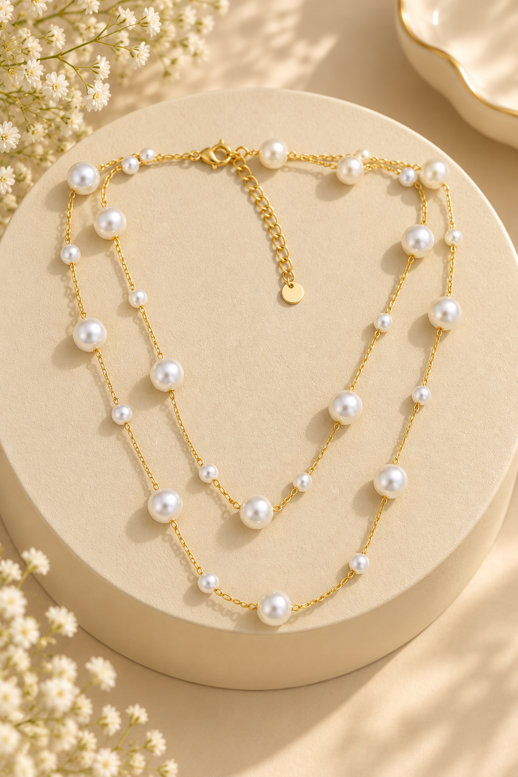 Pearl Grace Necklace with layered gold-tone chains and white pearl-like beads