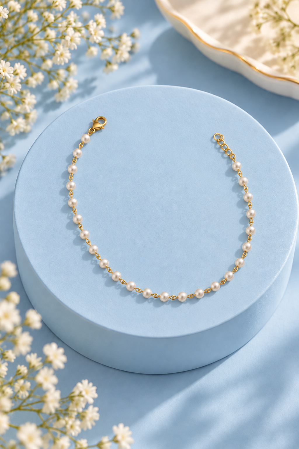 Pearl Harmony Bracelet with white pearl-like beads and gold-tone links