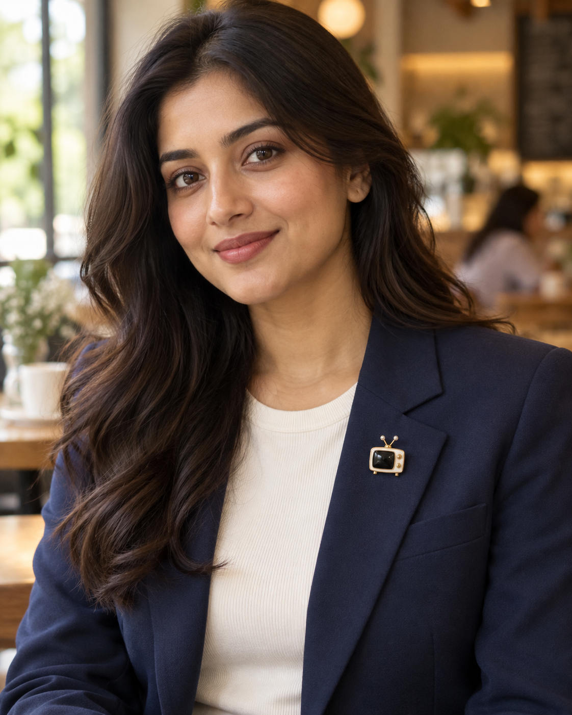 Female model wearing Retro Rewind Brooch on a navy blazer lapel