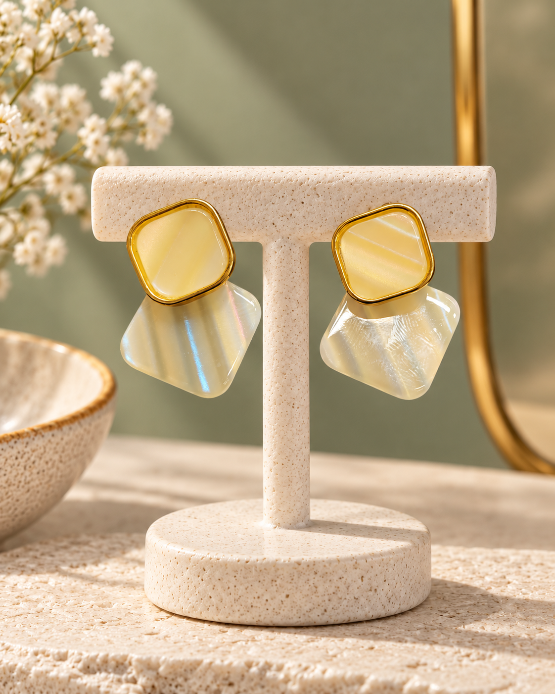 Soft Prism Earrings with cream iridescent drops and gold-tone rims