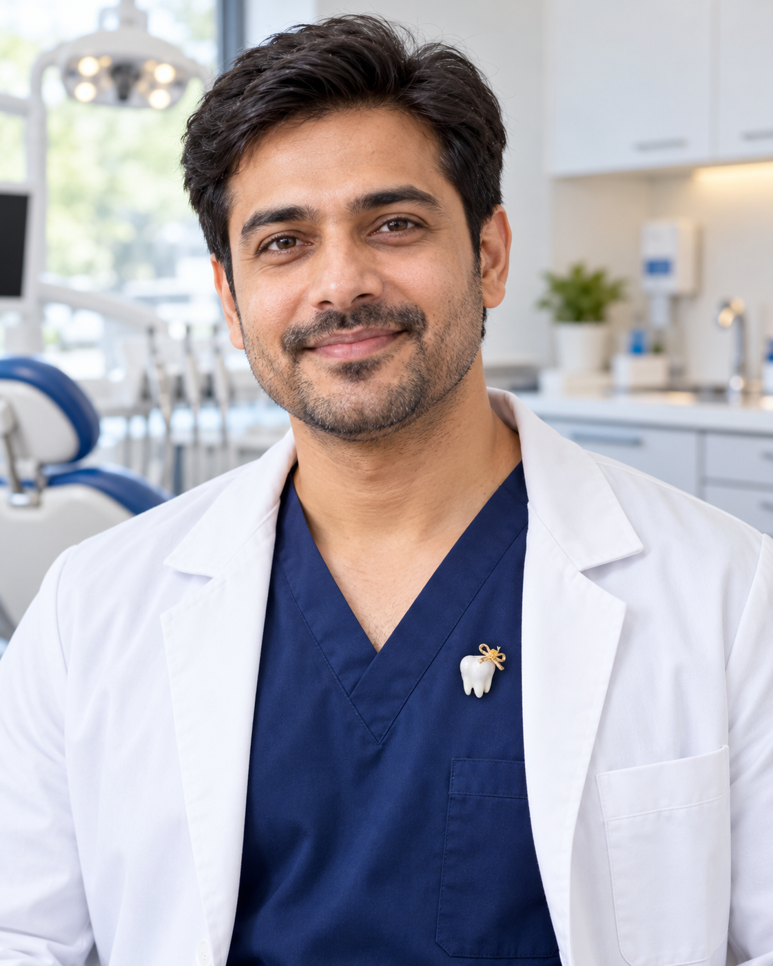 The Smile Signature Brooch worn as a small accent on a male dentist's navy scrubs