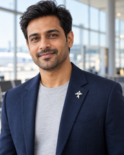 Wanderwing Brooch worn as a small airplane pin on a male model's navy blazer in an airport