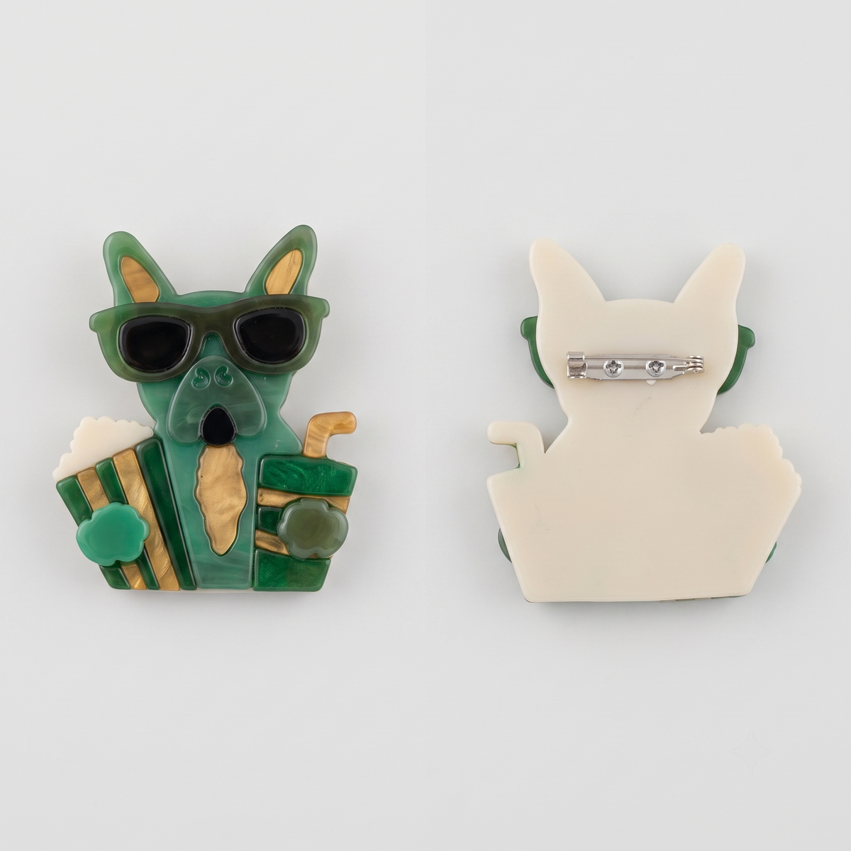 Snack & Shades Brooch in Green - Front and Back View